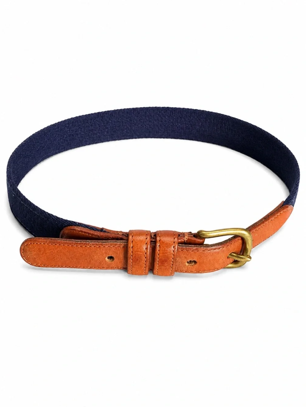 Vintage Coach 2702 Wool Surcingle Belt Navy Tan Leather Brass Buckle Size 26
